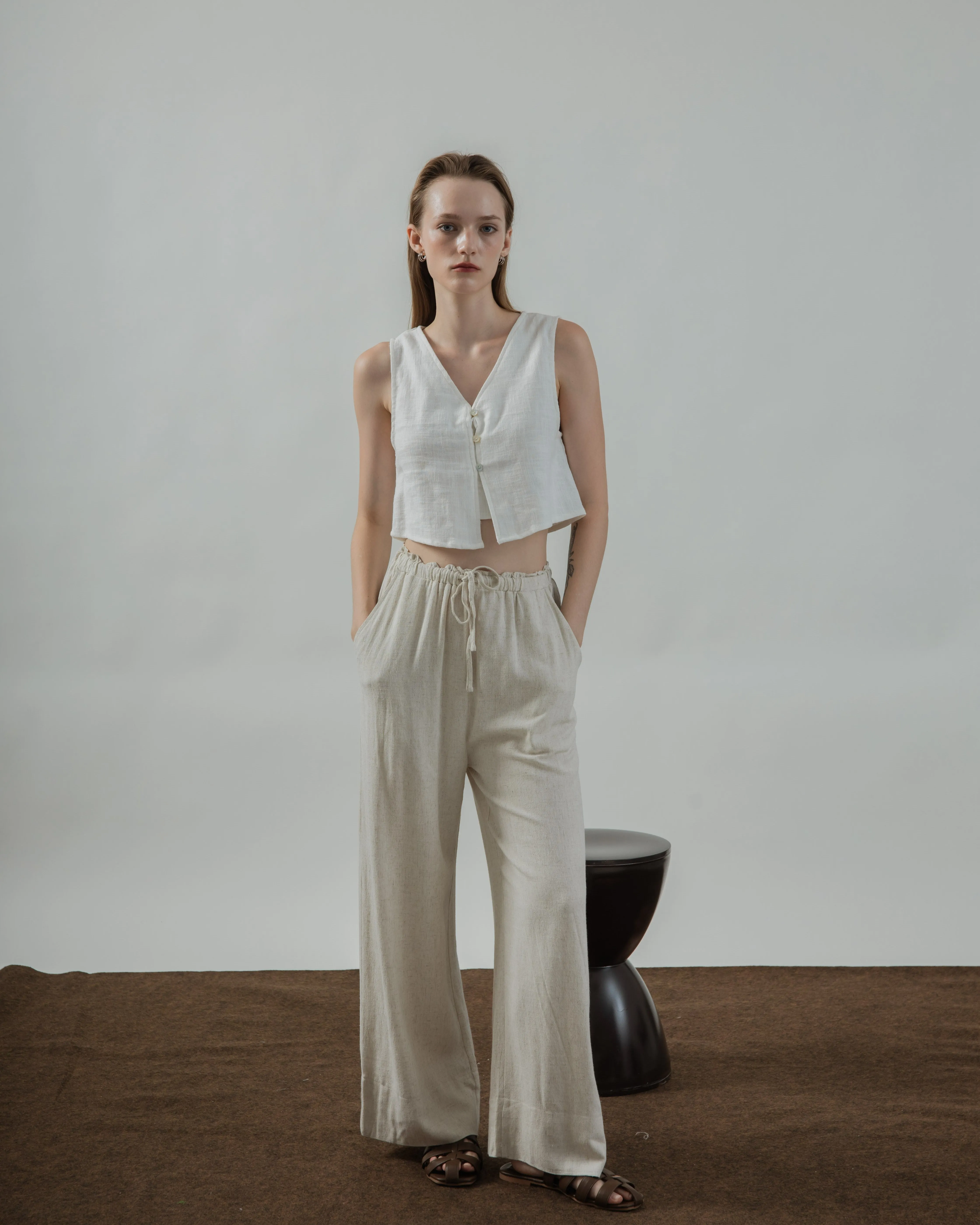 Alexa Linen Drawstring Trousers (Bone)