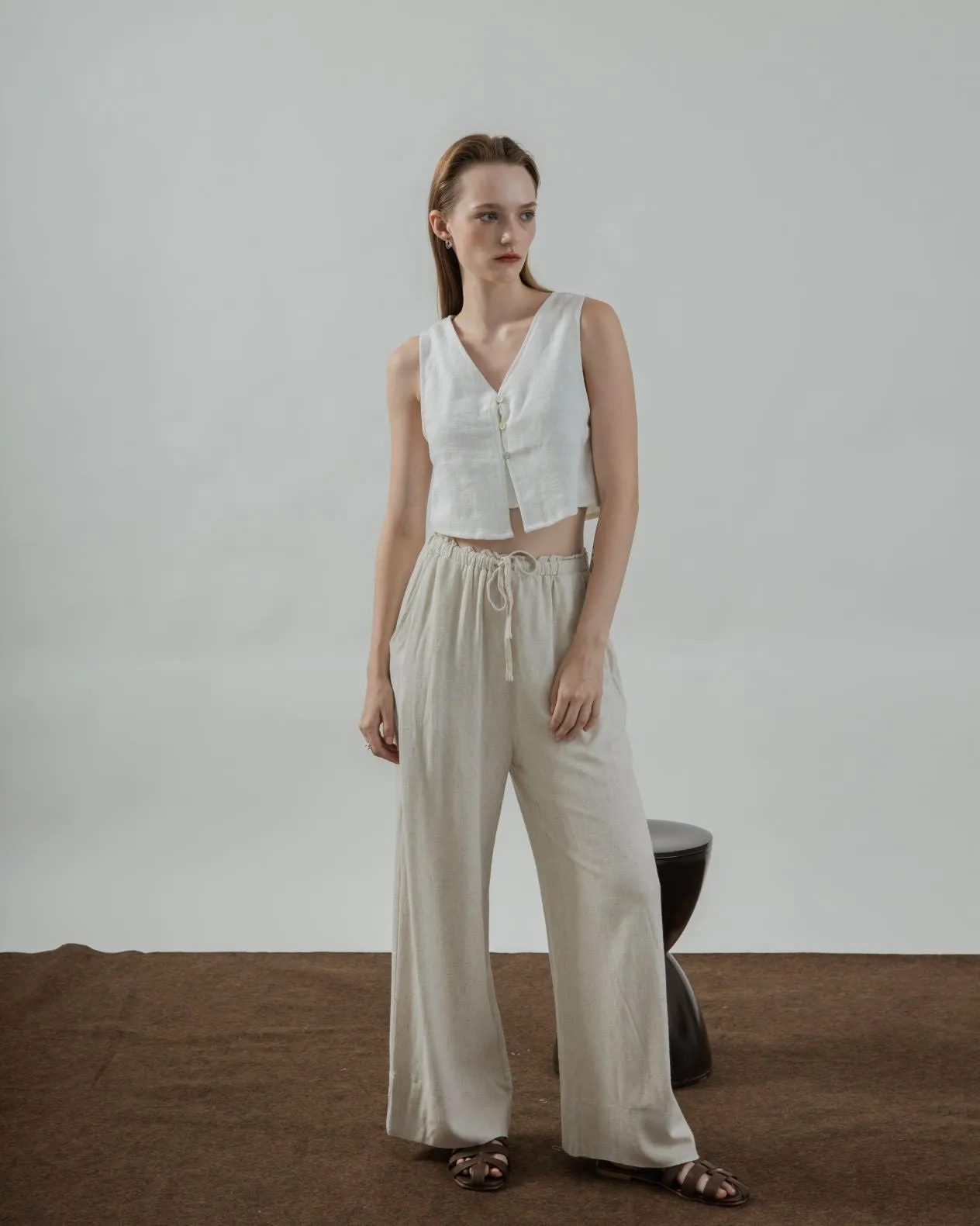 Alexa Linen Drawstring Trousers (Bone)