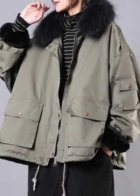 Army green casual outfit oversize snow jackets pockets faux fur collar winter coats