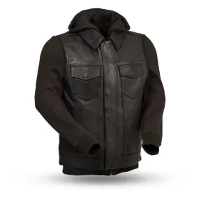 Black Leather "Kent" Motorcycle Vest w/ Removable Layered Sweatshirt