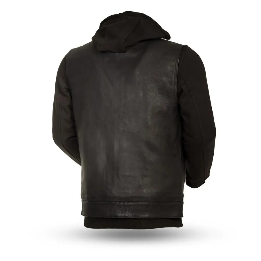 Black Leather "Kent" Motorcycle Vest w/ Removable Layered Sweatshirt