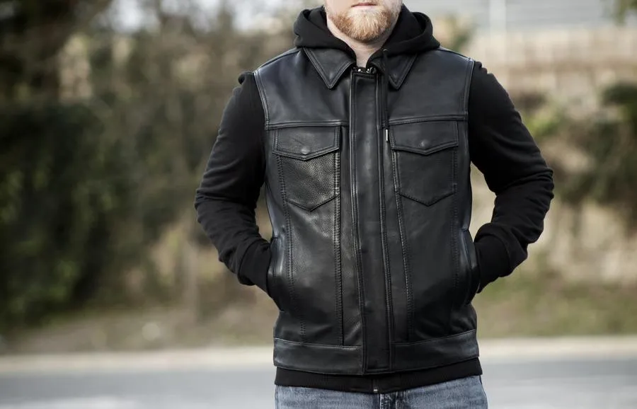 Black Leather "Kent" Motorcycle Vest w/ Removable Layered Sweatshirt