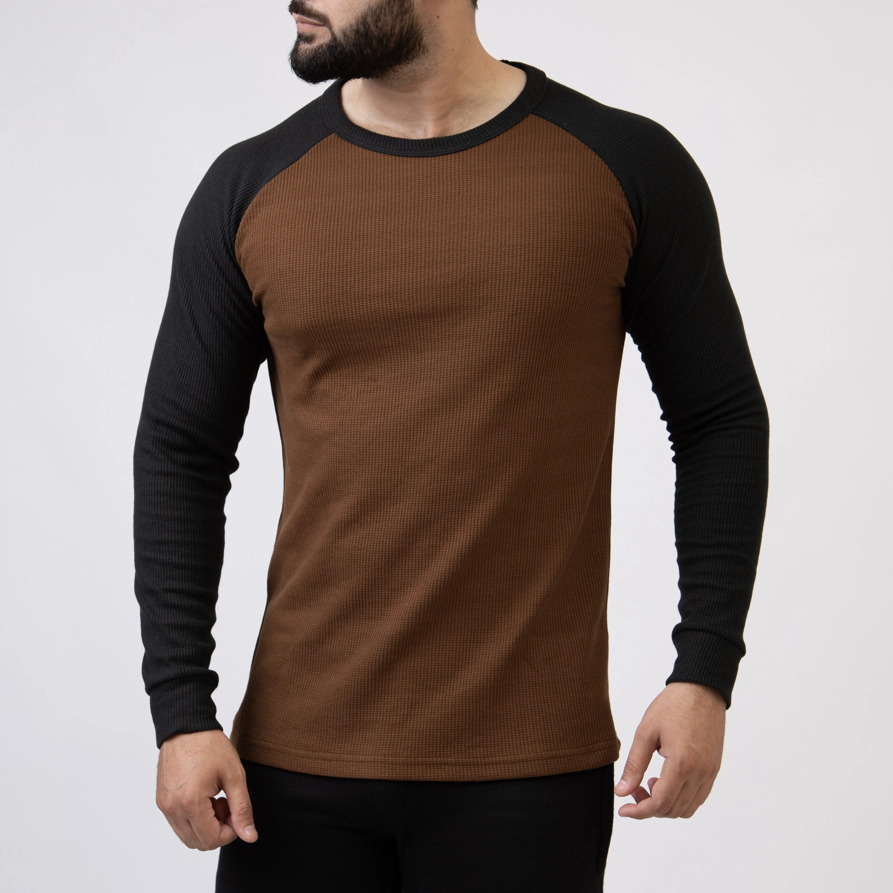 Caramel Brown & Black Thermal Waffle-Knit Raglan