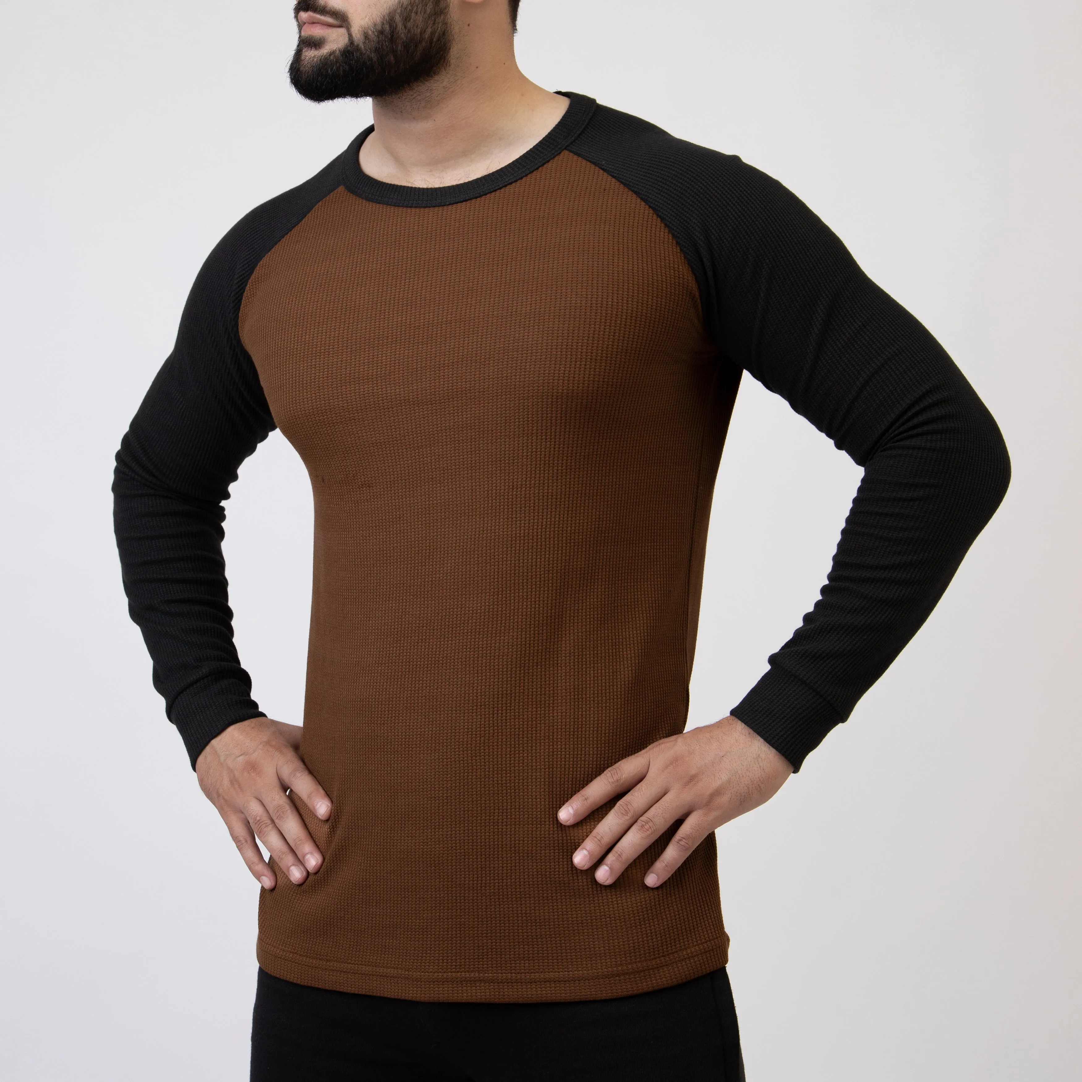 Caramel Brown & Black Thermal Waffle-Knit Raglan