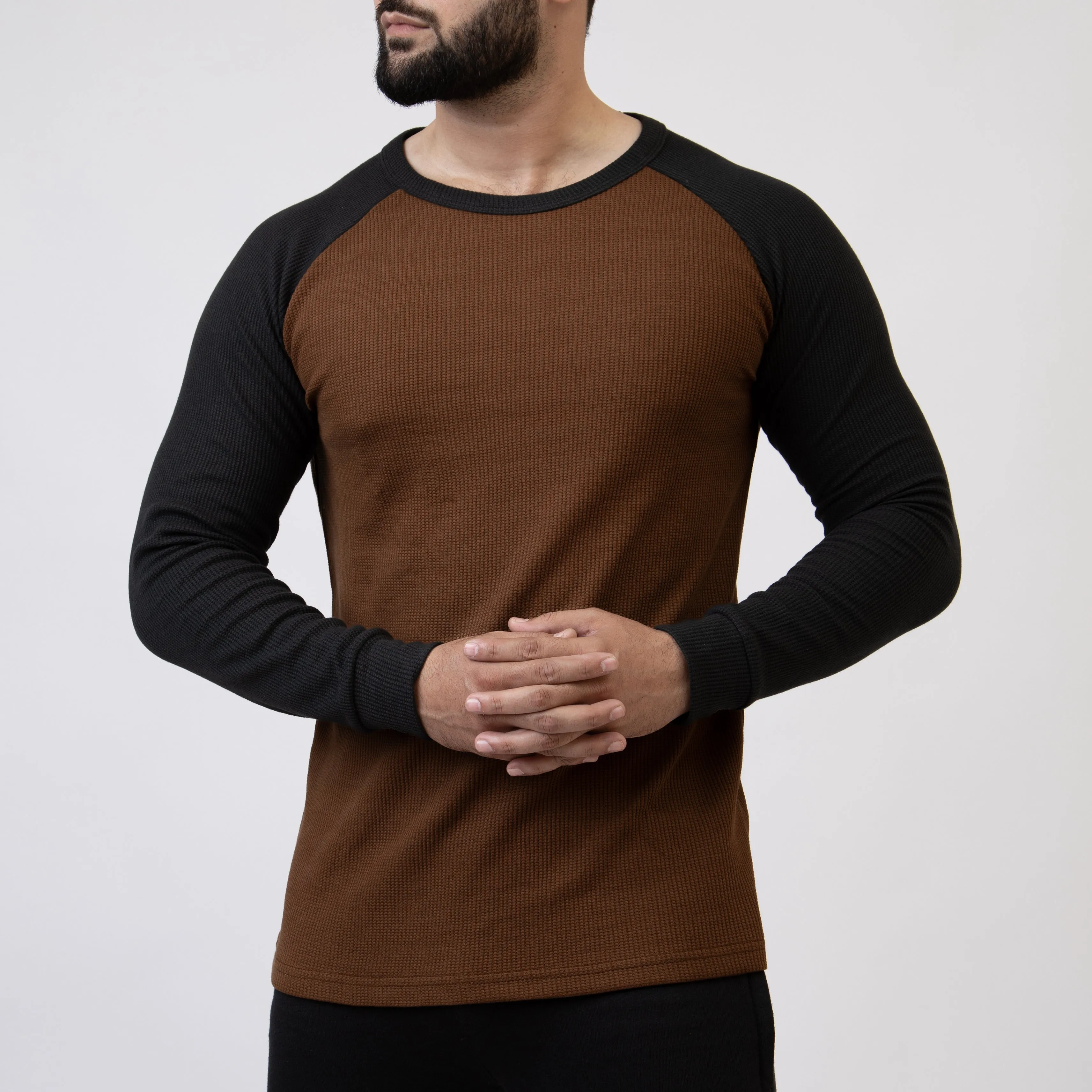 Caramel Brown & Black Thermal Waffle-Knit Raglan