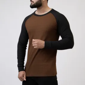 Caramel Brown & Black Thermal Waffle-Knit Raglan