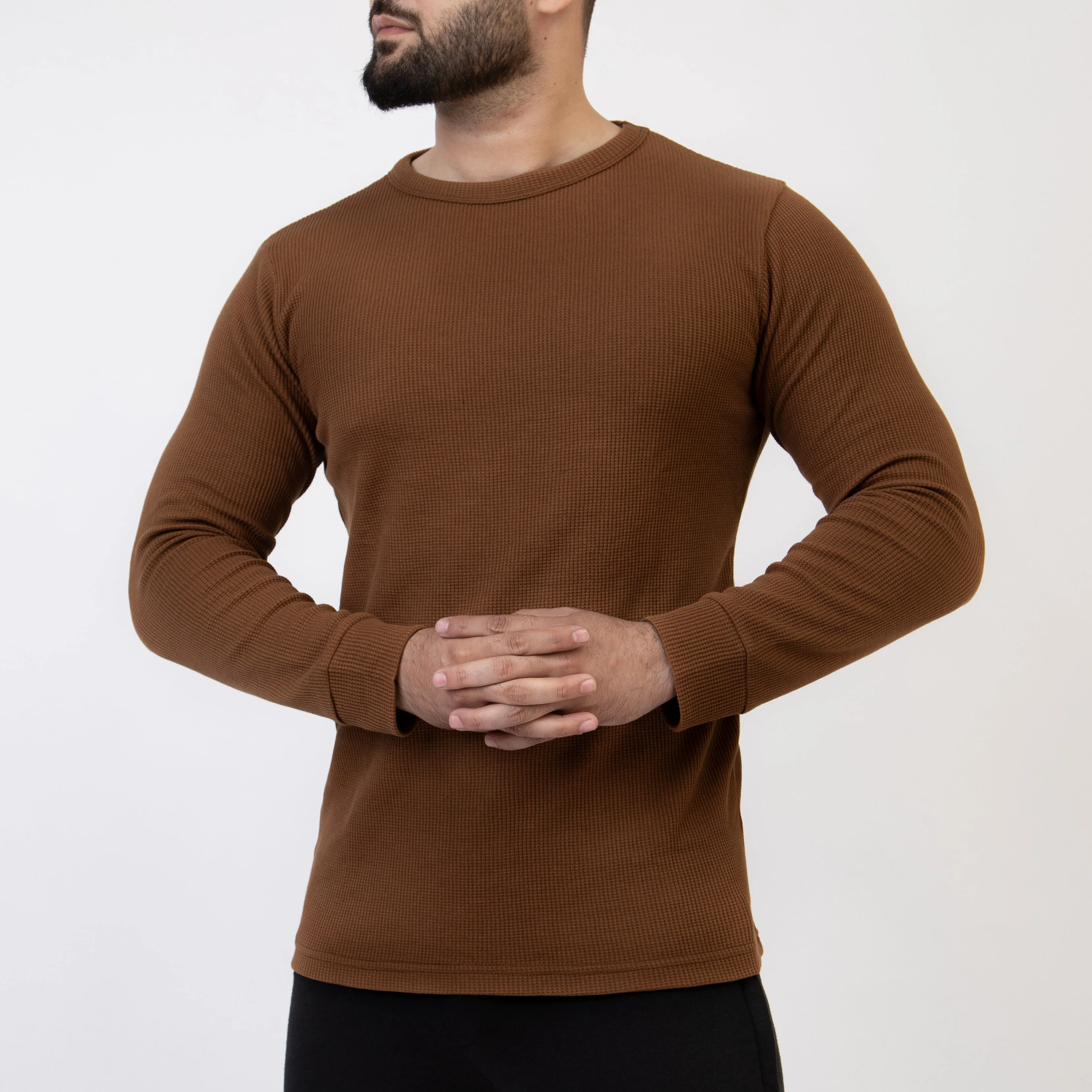 Caramel Brown Thermal Full Sleeves Waffle-Knit