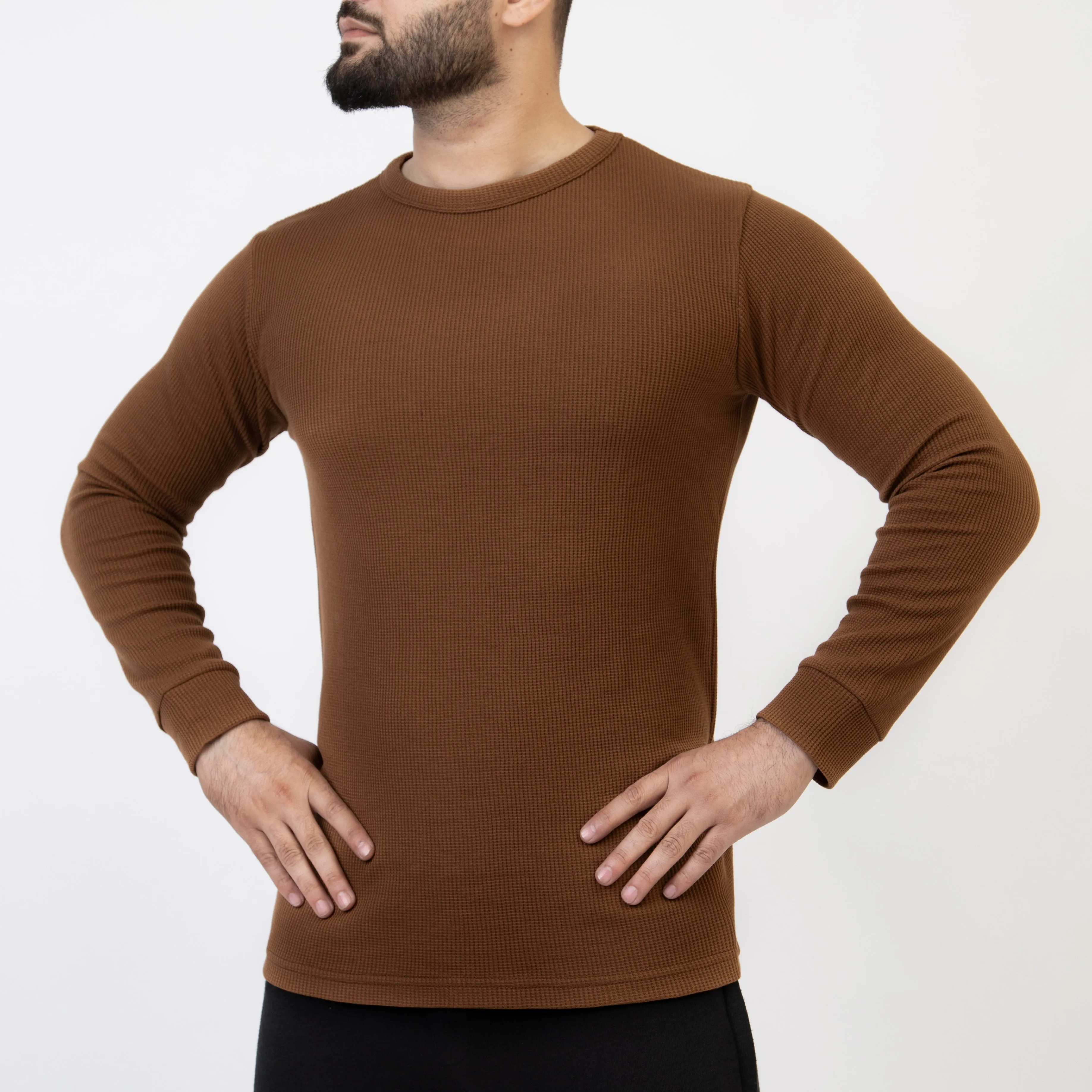 Caramel Brown Thermal Full Sleeves Waffle-Knit