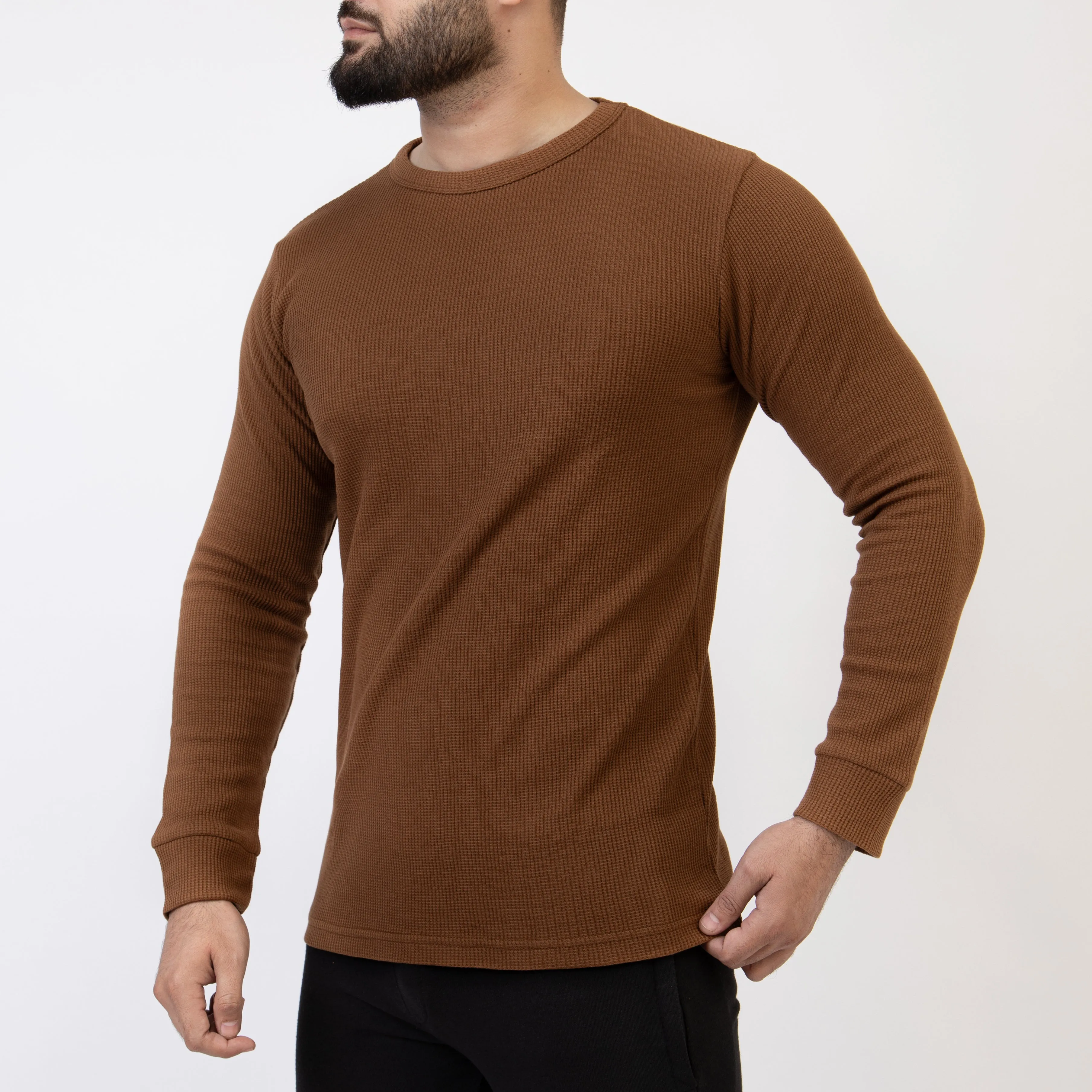 Caramel Brown Thermal Full Sleeves Waffle-Knit