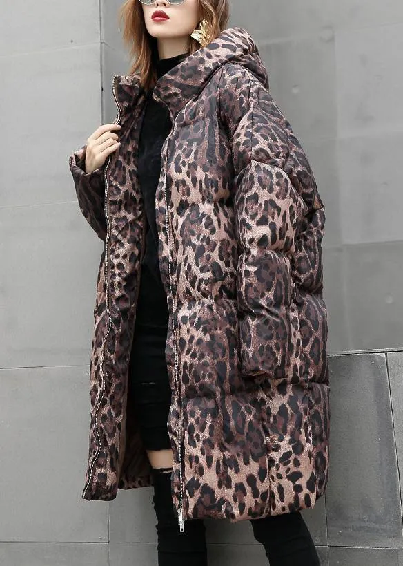 Casual Leopard women plus size Coats winter hooded zippered outwear