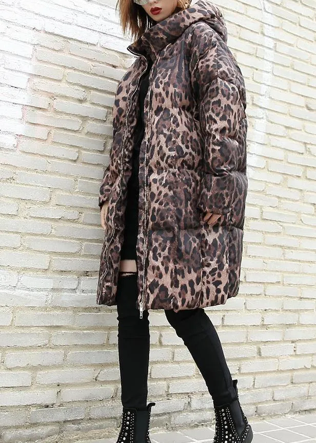 Casual Leopard women plus size Coats winter hooded zippered outwear