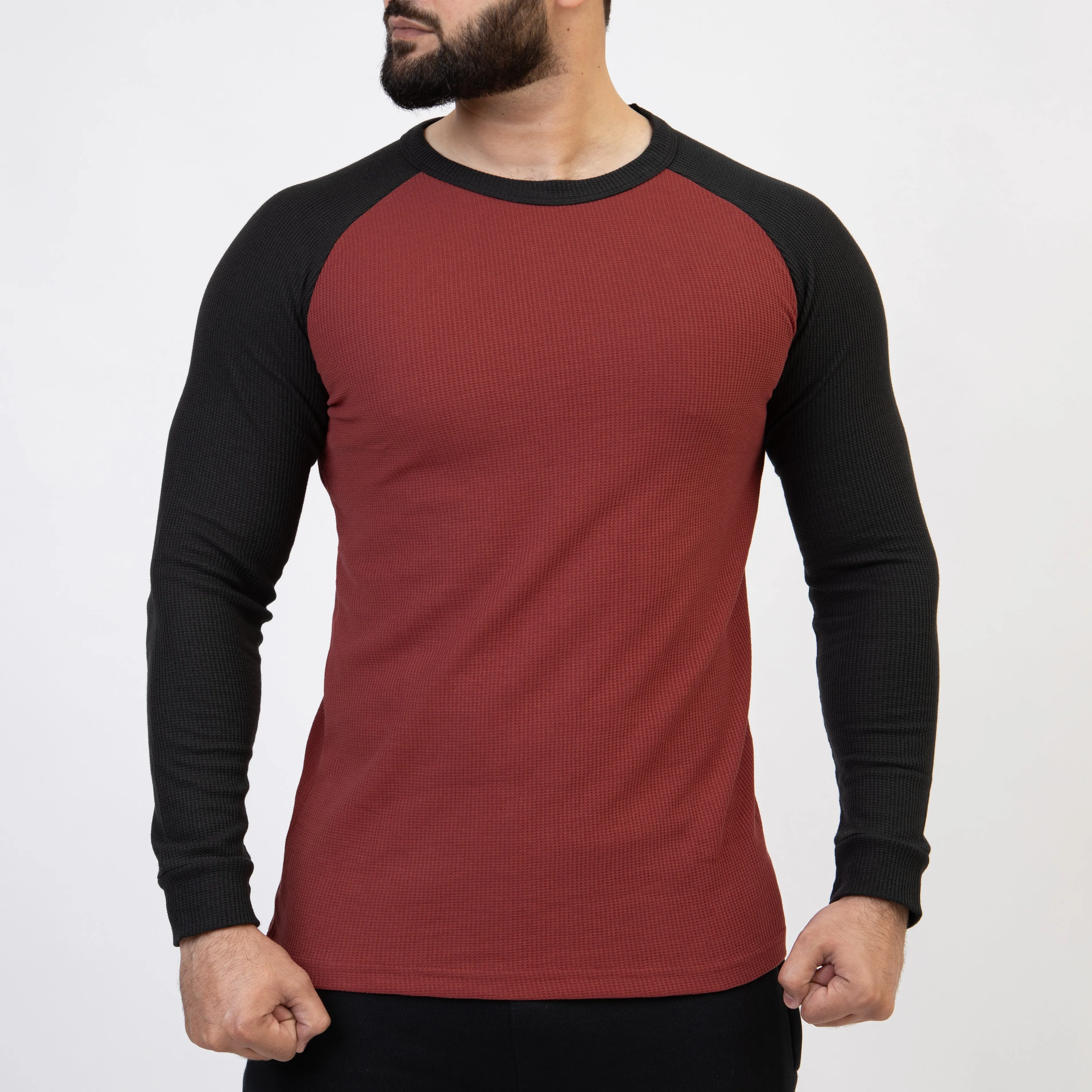 Dark Salmon & Black Thermal Waffle-Knit Raglan