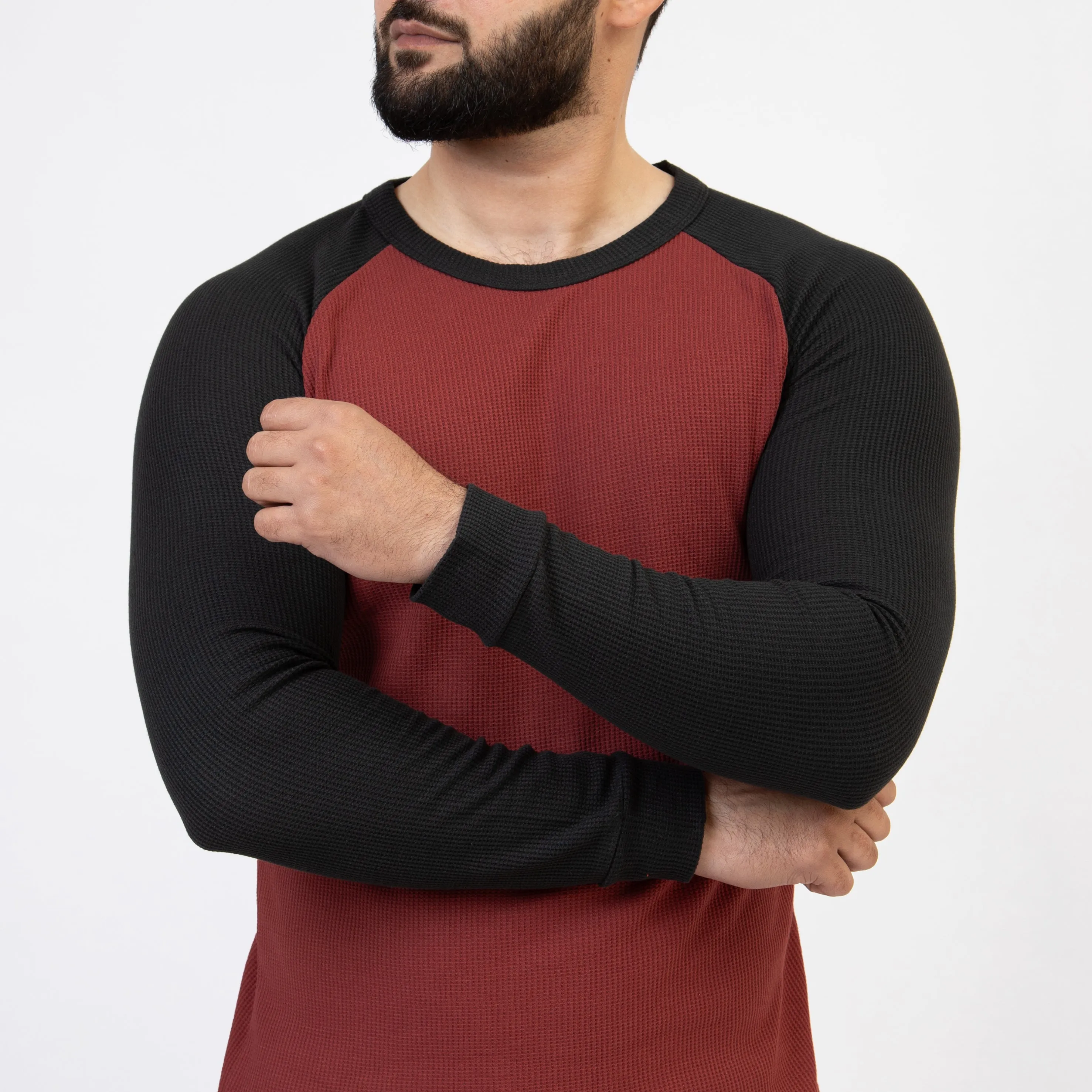 Dark Salmon & Black Thermal Waffle-Knit Raglan