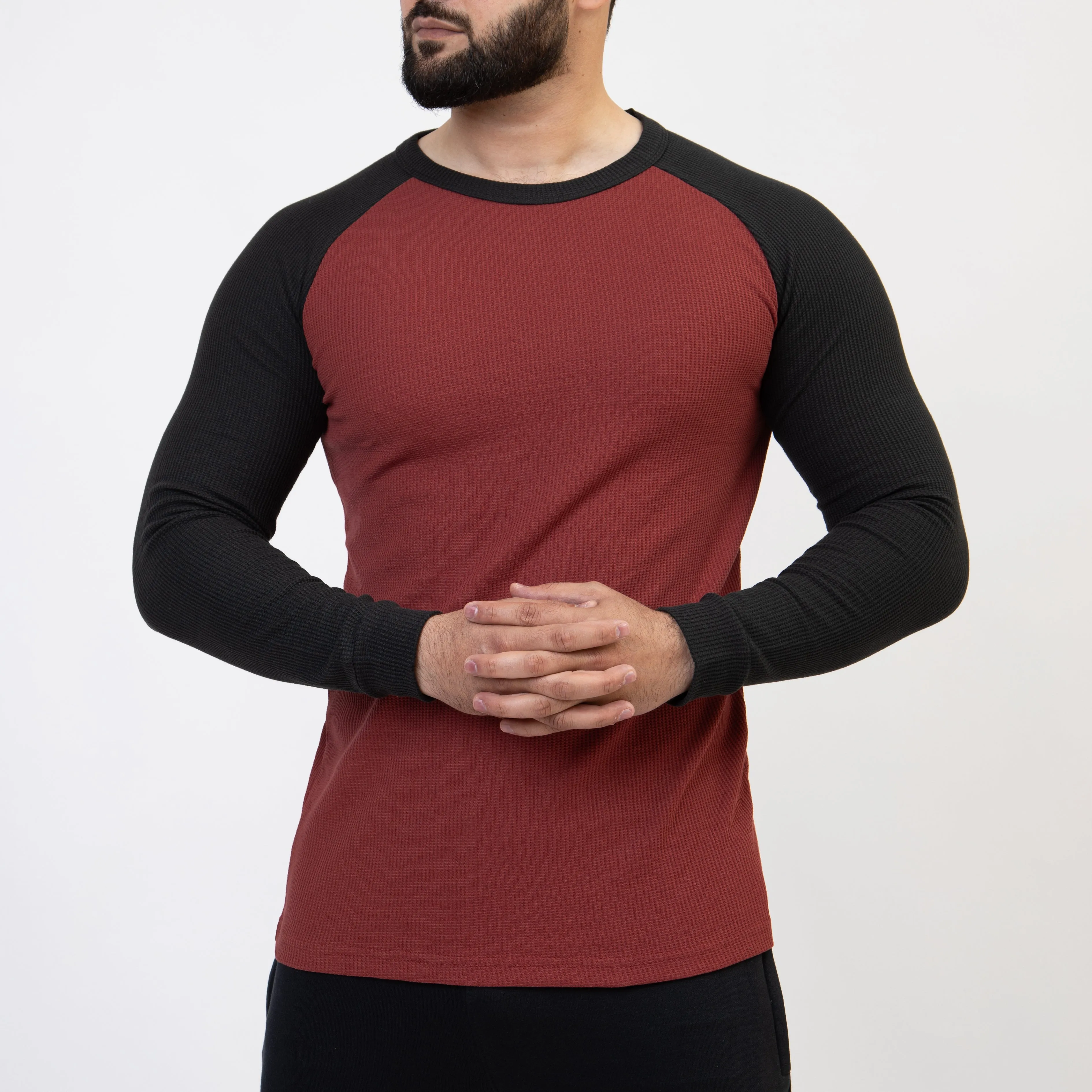 Dark Salmon & Black Thermal Waffle-Knit Raglan