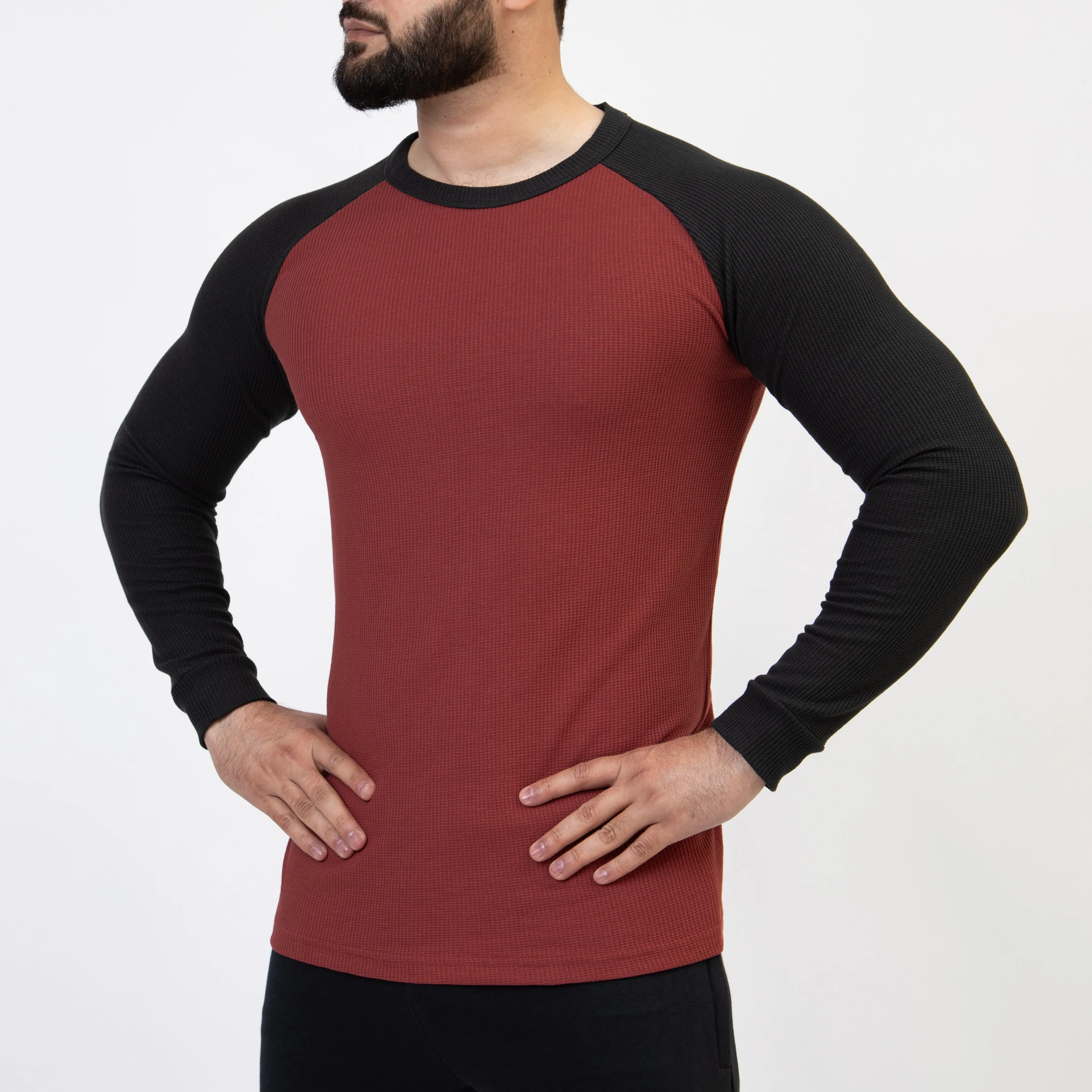 Dark Salmon & Black Thermal Waffle-Knit Raglan