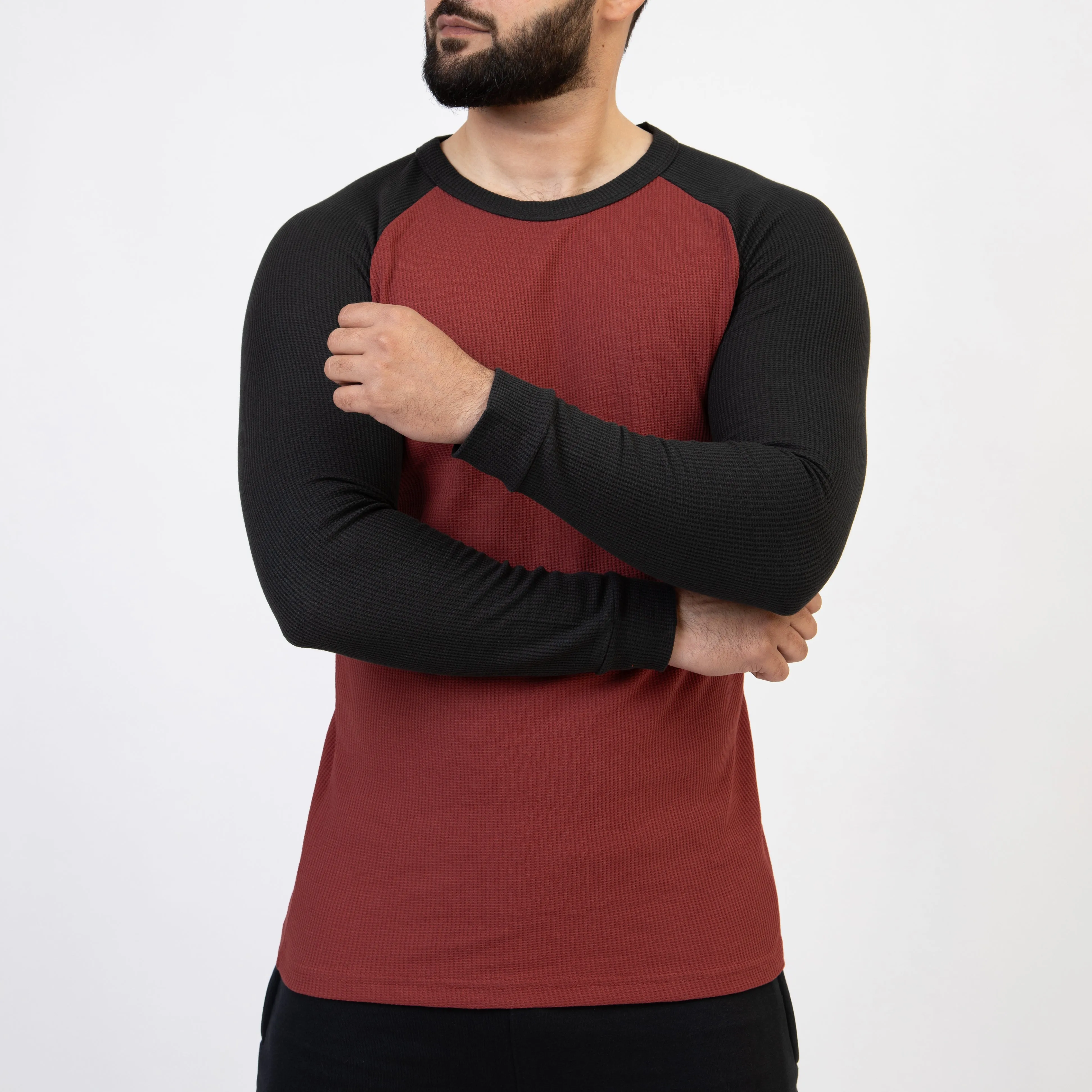 Dark Salmon & Black Thermal Waffle-Knit Raglan