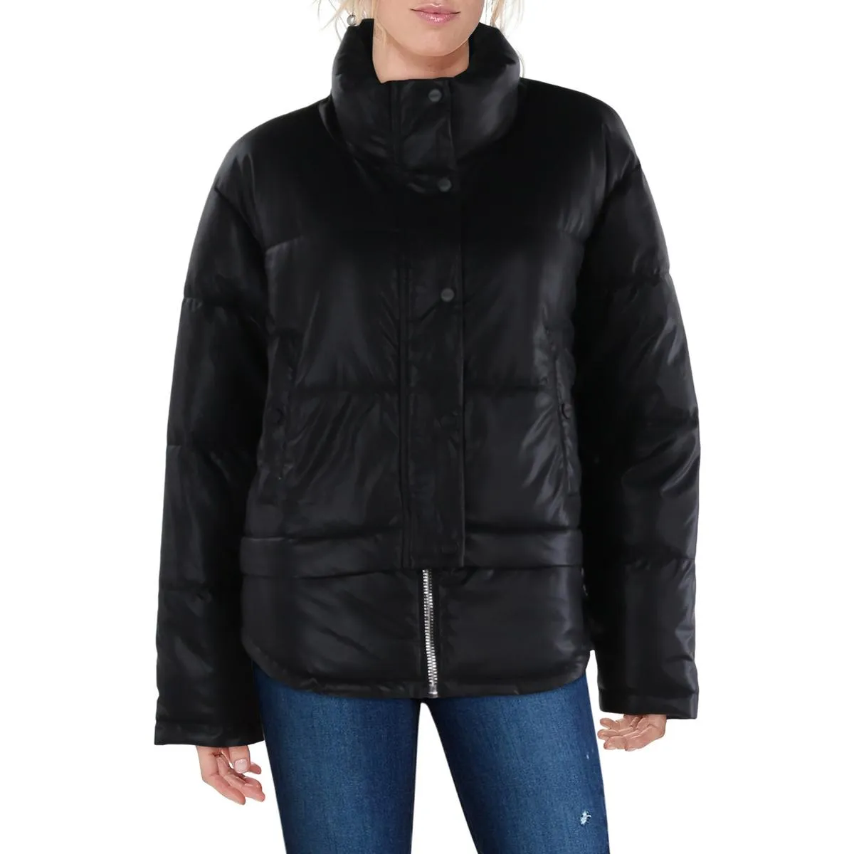 DKNY Jeans Womens Faux Leather Short Puffer Jacket