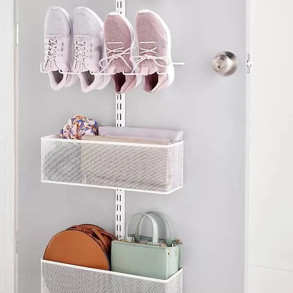 Elfa Shoe Wall & Door Rack- 4 Shoe Rack & 1 Medium & 1 Large Mesh Basket