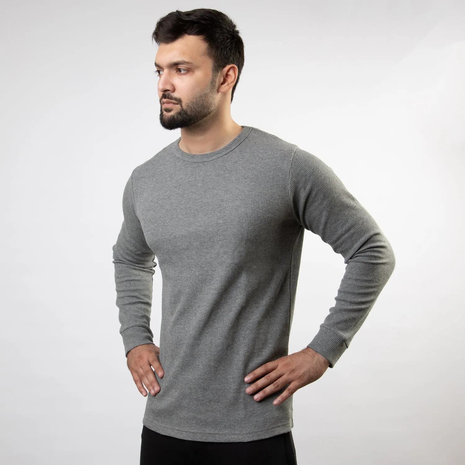 Gray Thermal Full Sleeves Waffle-Knit