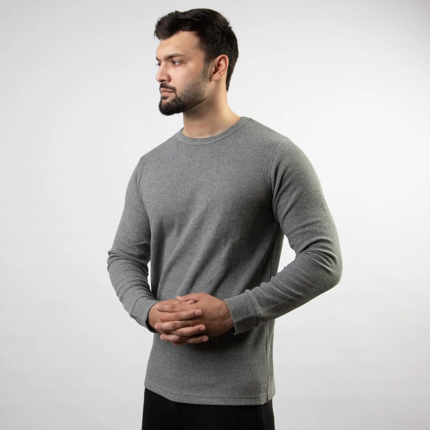 Gray Thermal Full Sleeves Waffle-Knit