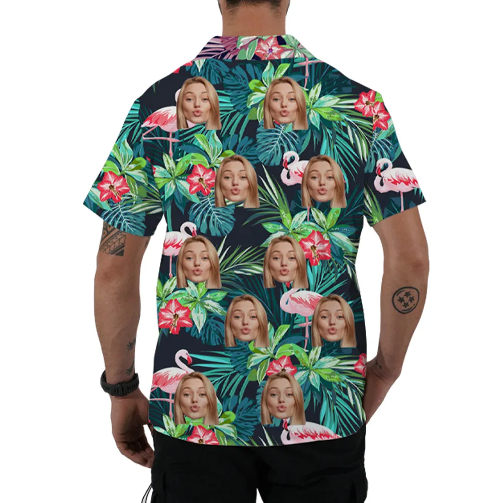 Green Leaves Flamingo Print Hawaiian Shirt Customized Face Lapel Shirt Vacation Wear