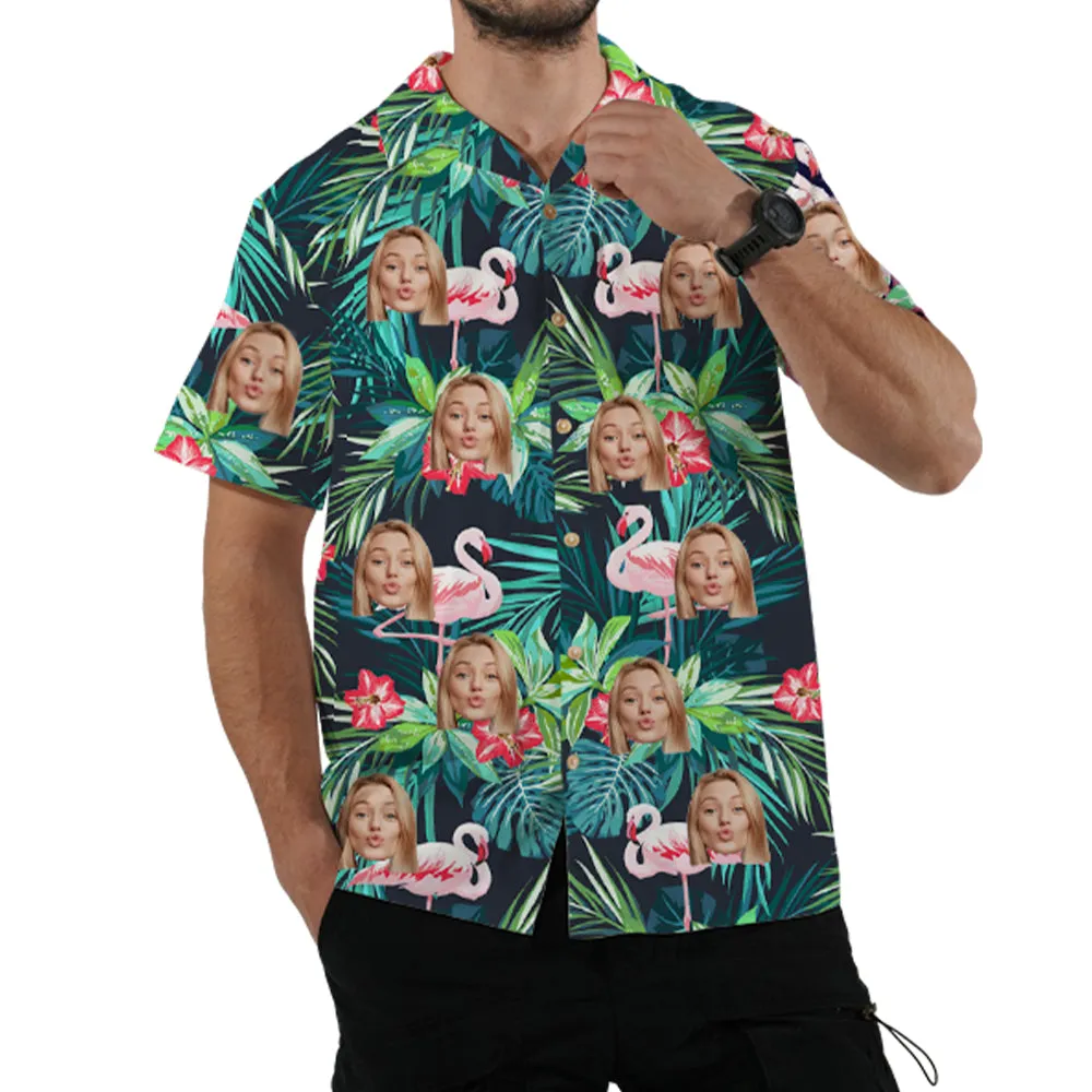 Green Leaves Flamingo Print Hawaiian Shirt Customized Face Lapel Shirt Vacation Wear