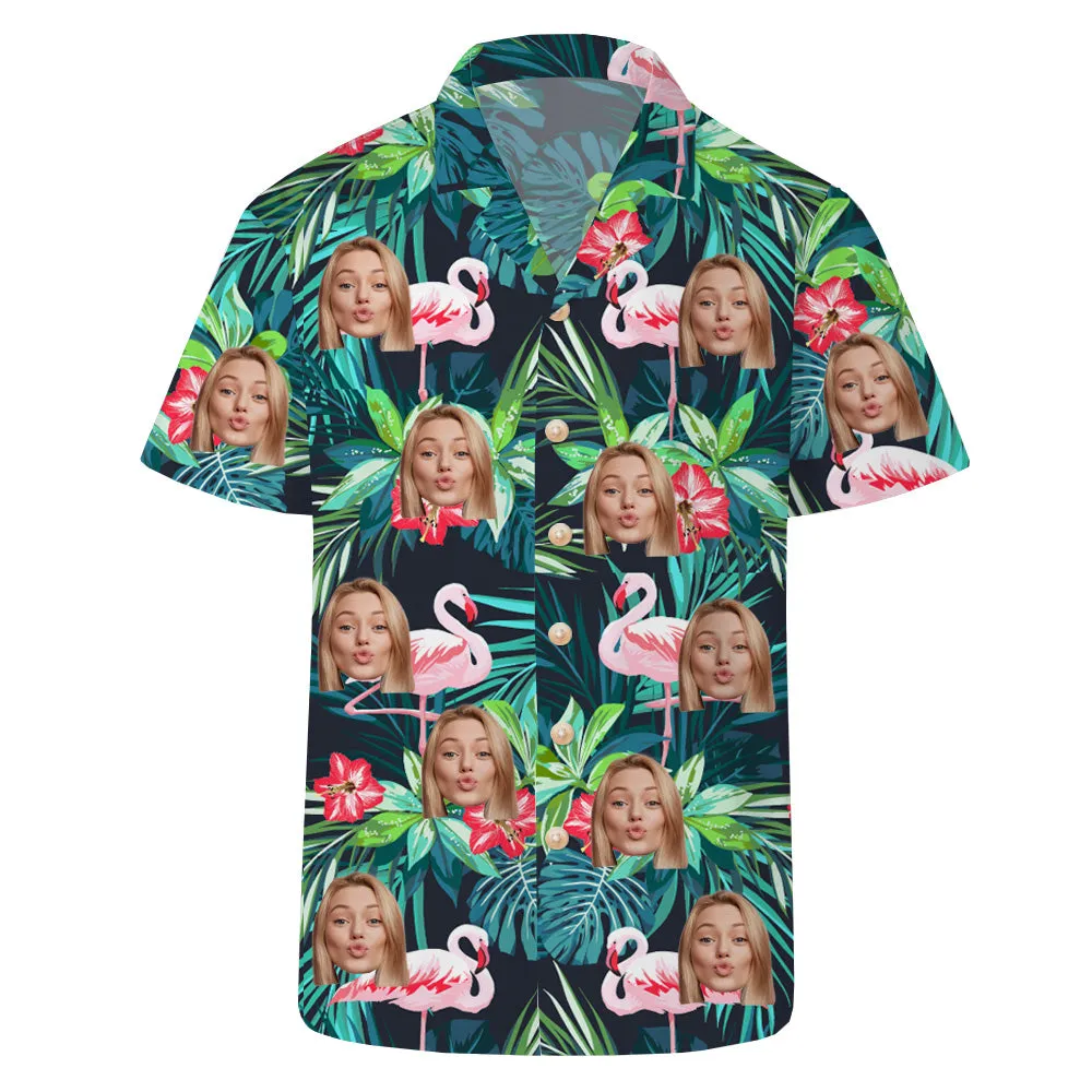 Green Leaves Flamingo Print Hawaiian Shirt Customized Face Lapel Shirt Vacation Wear