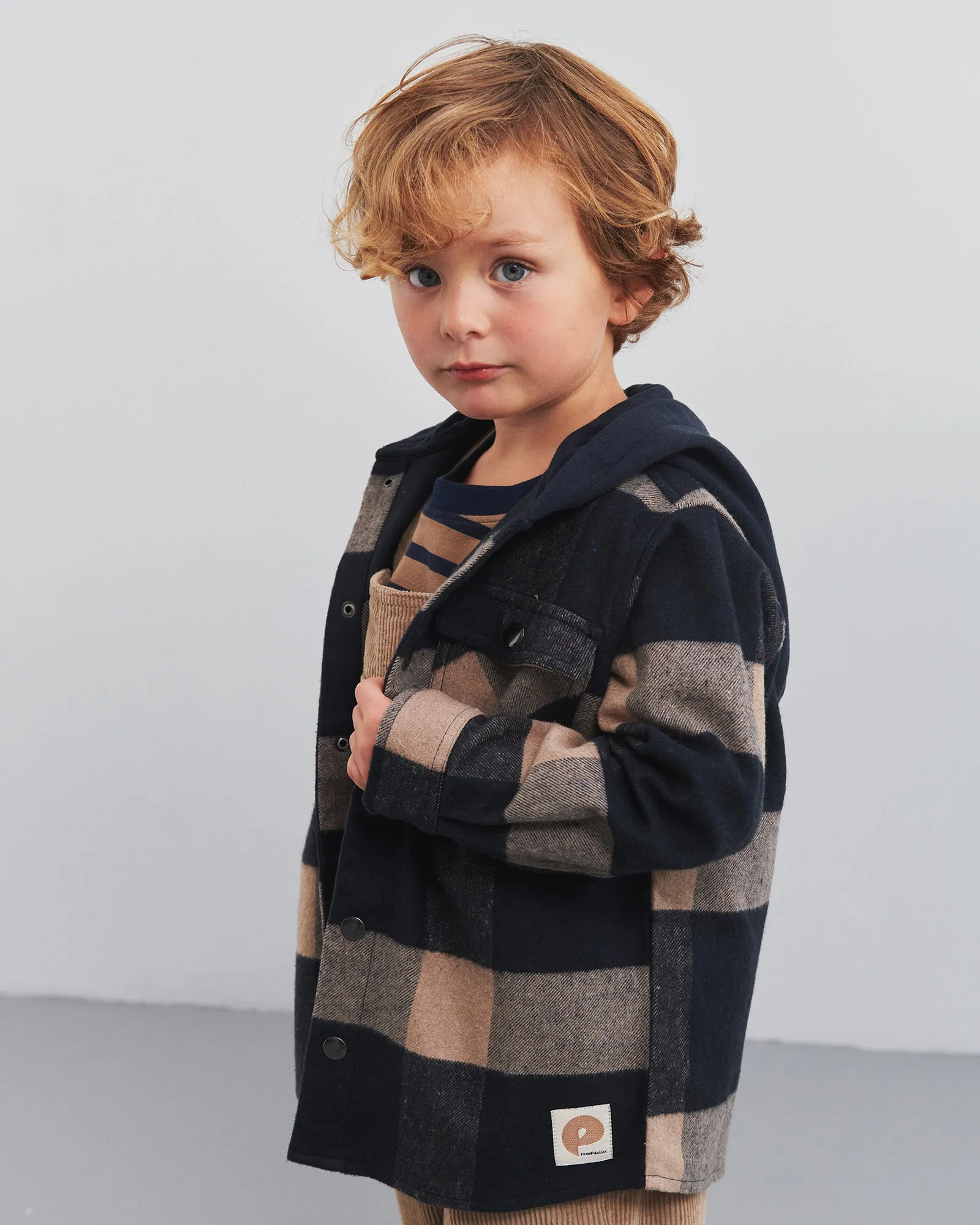 Hooded Plaid Shacket - Kids - Navy/beige