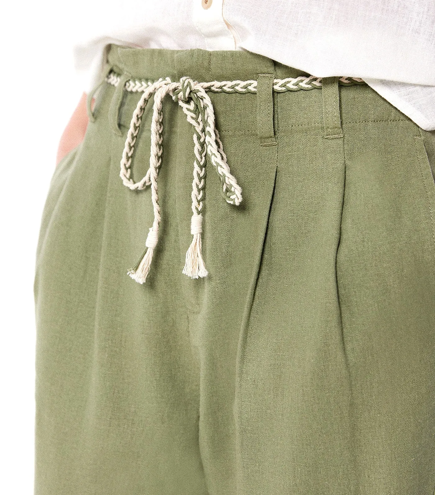 Linen Trousers with Cord Belt Green