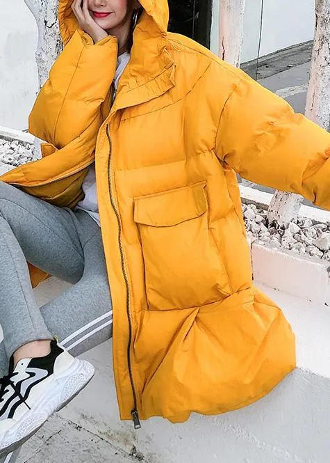 Oversized down jacket big pockets winter outwear yellow hooded womens coats