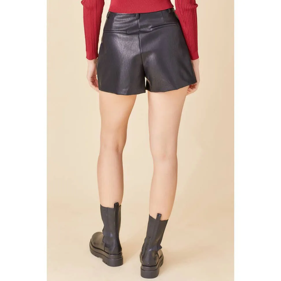 Poppy Women's Real Leather Pleated Detail Shorts Black